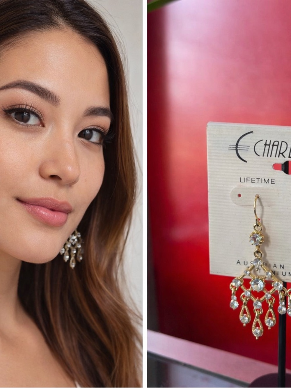 Gold and Crystal Chandelier Earrings - White Crystal